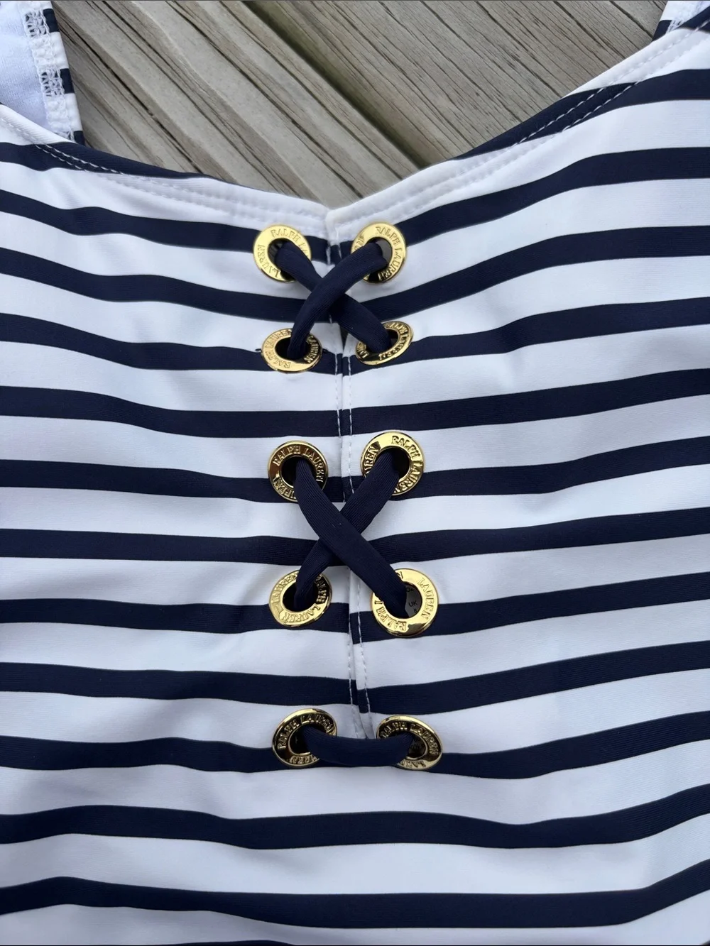 Ralph Lauren Navy & White Striped Lace-Up One-Piece Swimsuit